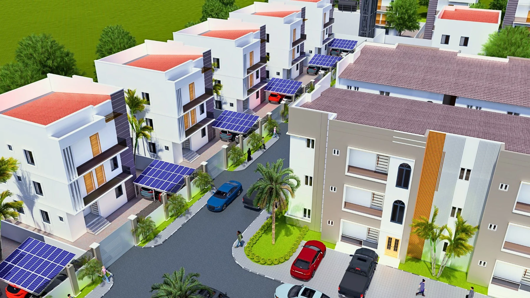 Aerial Syrol Homes estate view with solar-ready residential design